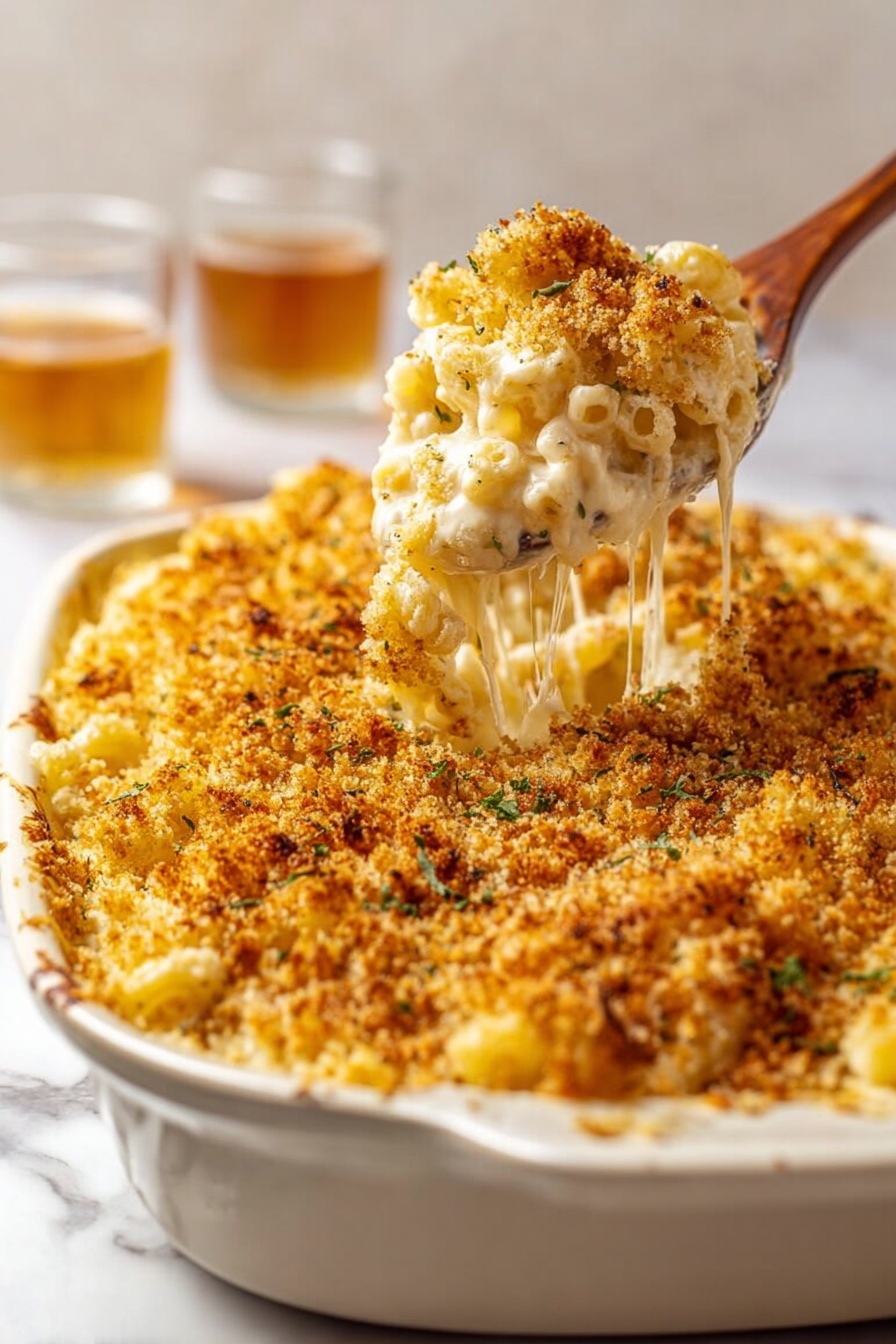 Creamy Cheddar Mac and Cheese Bake, cheesy baked mac and cheese, ultimate comfort food recipe, homemade mac and cheese casserole, easy cheesy baked pasta - A white ceramic dish is filled with baked macaroni and cheese topped with a thick layer of golden brown breadcrumbs. The pasta underneath is covered with melted creamy cheese that stretches in strings as a wooden spoon lifts a portion, showing a soft, shiny, off-white cheesy sauce holding the macaroni together. The breadcrumb topping has a rough, crispy texture with small green herb specks visible. In the background, two glasses with light brown liquid sit on a white marbled surface. Photo taken with an iphone --ar 2:3 --v 7