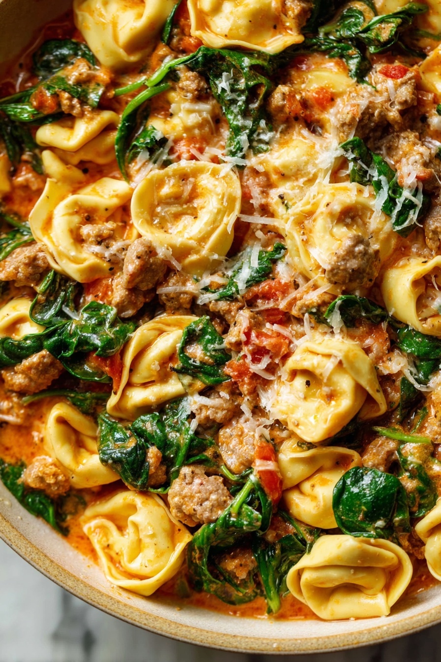 One-Pan Sausage Tortellini, easy sausage tortellini dinner, quick sausage tortellini meal, creamy tortellini skillet, hearty sausage pasta - The image shows a close-up of a dish filled with multiple layers of stuffed pasta pieces that are light yellow in color with soft, slightly wrinkled edges. Mixed in between the pasta are small chunks of light brown cooked meat and scattered bright green spinach leaves that add a fresh, leafy texture. The entire dish is coated with a creamy, light orange sauce that blends smoothly with the pasta and meat, making the ingredients look moist and rich. The colors of the pasta, meat, spinach, and sauce create a warm, inviting appearance. The photo taken with an iphone --ar 2:3 --v 7