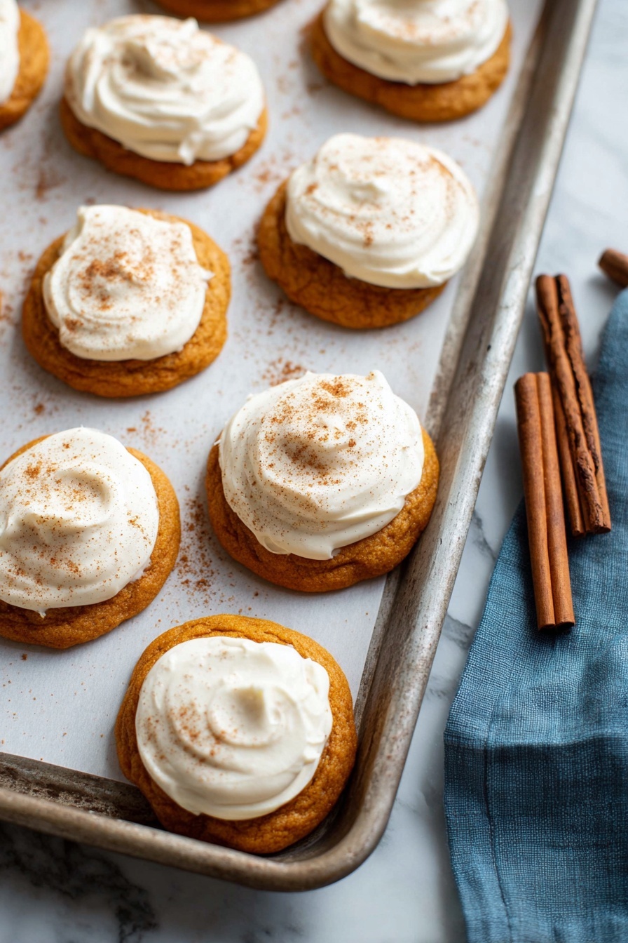 Pumpkin Cookies with Cream Cheese Frosting, pumpkin spice cookies, fall dessert recipes, soft pumpkin cookies, easy pumpkin cookie recipe - The image shows a metal baking tray with white parchment paper holding several round orange-brown cookies. Each cookie has a thick layer of white creamy frosting spread unevenly on top, with a light dusting of brown spice powder sprinkled over the frosting. The cookies have a soft and slightly bumpy texture, and the edges are slightly rounded. There are two cinnamon sticks placed on the tray near the cookies on the right side. The tray is set on a white marbled surface, with a blue cloth partially visible to the right. photo taken with an iphone --ar 2:3 --v 7