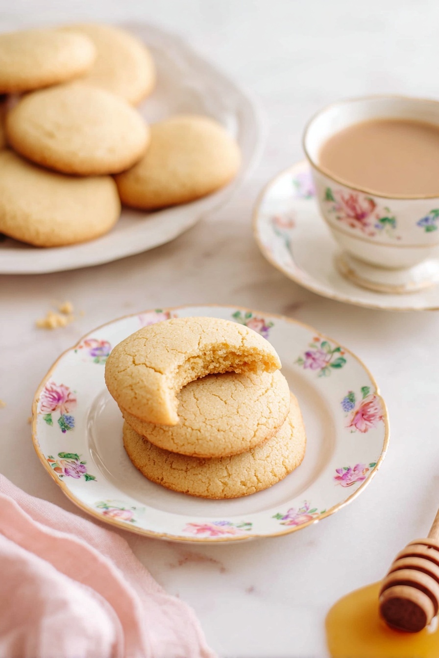 Soft Honey Cookies, honey cookies recipe, tender honey cookies, easy honey cookie recipe, homemade honey cookies - The image shows a stack of two light golden brown cookies on a white plate with small colorful flower patterns around the edges. On top of the stack is a broken cookie showing a soft, crumbly inside that is light beige. Behind this plate, there is a matching white plate with more whole cookies stacked in a slight pile. To the right, a white floral patterned cup filled with coffee with cream is visible, resting on a matching saucer. A wooden honey dipper with honey is slightly blurred in the background on the white marbled surface. A soft pink cloth is partially visible on the lower left corner. Photo taken with an iphone --ar 2:3 --v 7