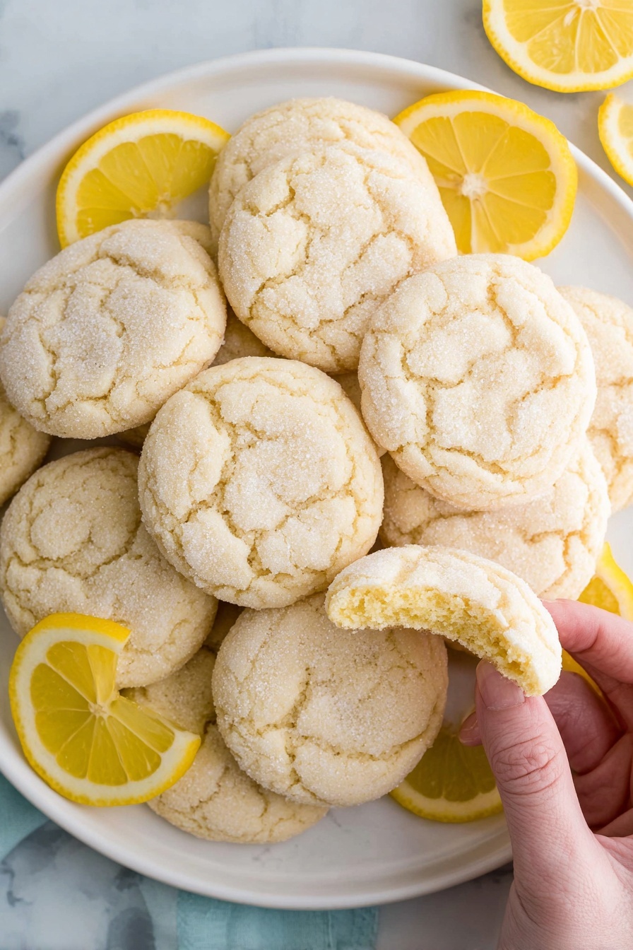 Lemon Cookies, Lemon Cookies Recipe, Easy Lemon Cookies, Soft Lemon Cookies, Chewy Lemon Cookies - A white plate filled with a pile of round, light beige cookies that look soft and slightly cracked on top. The cookies have a sugar-coated texture and one cookie near the center has a bite taken out of it, showing a soft inside. Around the cookies, there are several bright yellow lemon slices placed for decoration. A woman's hand is picking up a cookie from the bottom right of the plate. The background is a white marbled texture. photo taken with an iphone --ar 2:3 --v 7
