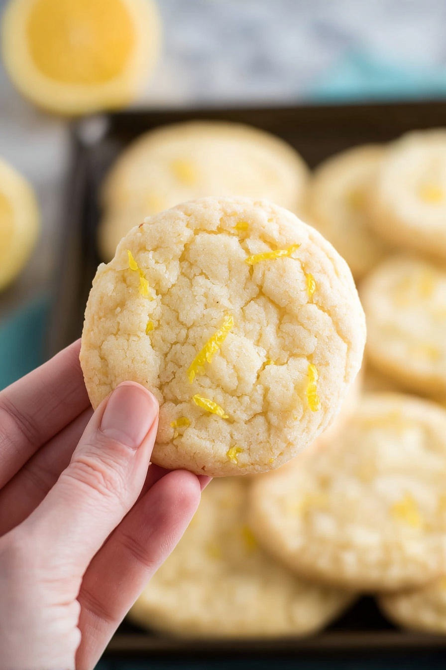 Lemon Cookies, Lemon Cookies Recipe, Easy Lemon Cookies, Soft Lemon Cookies, Chewy Lemon Cookies - A close-up image shows a woman's hand holding a single pale yellow cookie with small pieces of lemon zest on its surface. The cookie is round, slightly cracked with a soft texture, and looks thin. In the background, more similar cookies are lined up on a black tray, softly blurred, sitting on a white marbled surface. On the left side, a bit of a sliced lemon is visible but out of focus. Photo taken with an iphone --ar 2:3 --v 7