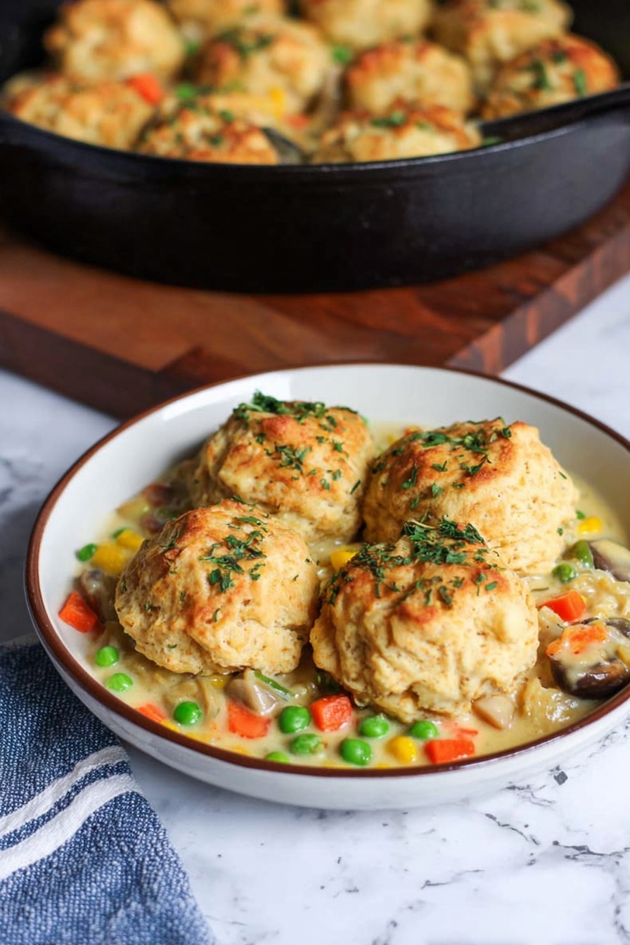 Cheddar Bay Biscuit Chicken Pot Pie, cheesy chicken pot pie with biscuits, Southern-inspired chicken pie, easy comfort food dinner, flaky biscuit chicken casserole - The image shows a white plate filled with two golden-brown biscuit-like clusters that are round and topped with green herbs, sitting on a creamy mixture of chopped vegetables including green peas, carrots, mushrooms, corn, and pieces of shredded meat. The dish is colorful with light yellow cream, bright orange, green, and yellow veggies, and pieces of meat peeking through. In the background, there is a black cast iron skillet filled with more of the same biscuit clusters, resting on a wooden surface with a blue and white striped towel nearby. The setting is on a white marbled texture surface. Photo taken with an iphone --ar 2:3 --v 7