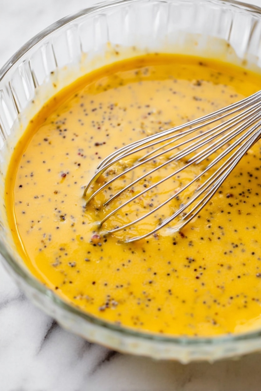 Pumpkin Chia Seed Pudding, healthy pumpkin pudding, fall dessert recipes, vegan chia pudding, cozy pumpkin snack - A close-up of a clear glass bowl on a white marbled surface filled with a smooth yellow mixture speckled with small black and brown seeds, being gently stirred by a silver metal whisk with thin, curved wires resting partly in the mixture. The bowl edges are visible with some of the mixture clinging to the inner sides, showing a light texture and fluidity. Photo taken with an iphone --ar 2:3 --v 7