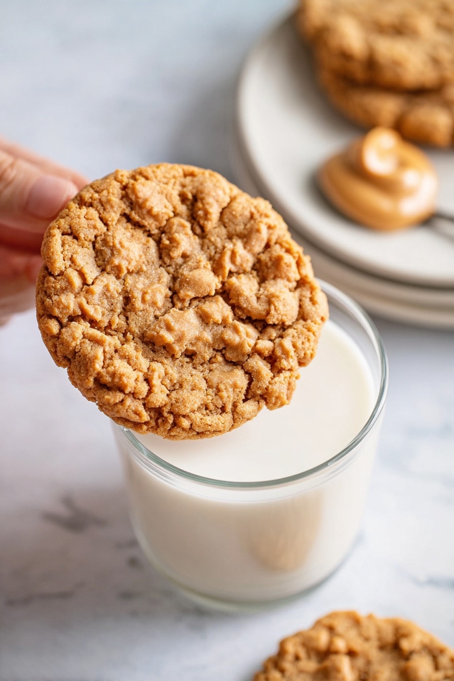 Peanut Butter Oatmeal Cookies, chewy oatmeal cookies with peanut butter, easy peanut butter cookies, cinnamon oatmeal cookies, homemade peanut butter treats - A large round cookie with a cracked, rough texture and light brown color is being held by a woman's hand above a clear glass filled halfway with white milk. In the background, on a white marbled surface, there is a stack of white plates with a spoon resting on top, holding a dollop of creamy, smooth light brown peanut butter. Another cookie is slightly out of focus near the plates. Photo taken with an iphone --ar 2:3 --v 7