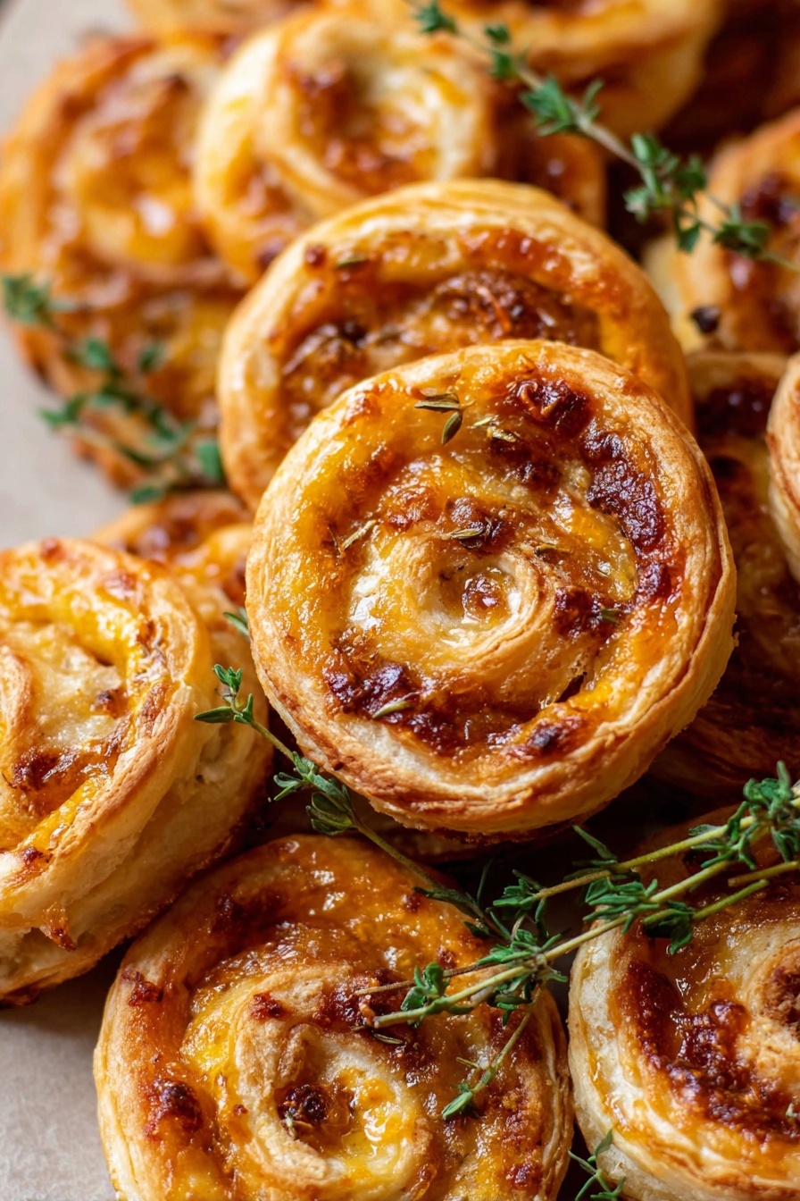 Fig and Goat Cheese Puff Pastry Pinwheels, fig and goat cheese appetizer, easy puff pastry appetizer, elegant fig appetizer, sweet and savory pinwheels - A pile of golden puff pastry pinwheels stacked closely together, each containing at least three visible flaky layers that are light brown and crisp. The pinwheels have a glossy, slightly caramelized surface with some melted orange cheese peeking through the spirals. Small sprigs of fresh green thyme lay scattered on and around the pinwheels, adding contrast to the warm colors. The background is a white marbled texture. photo taken with an iphone --ar 2:3 --v 7