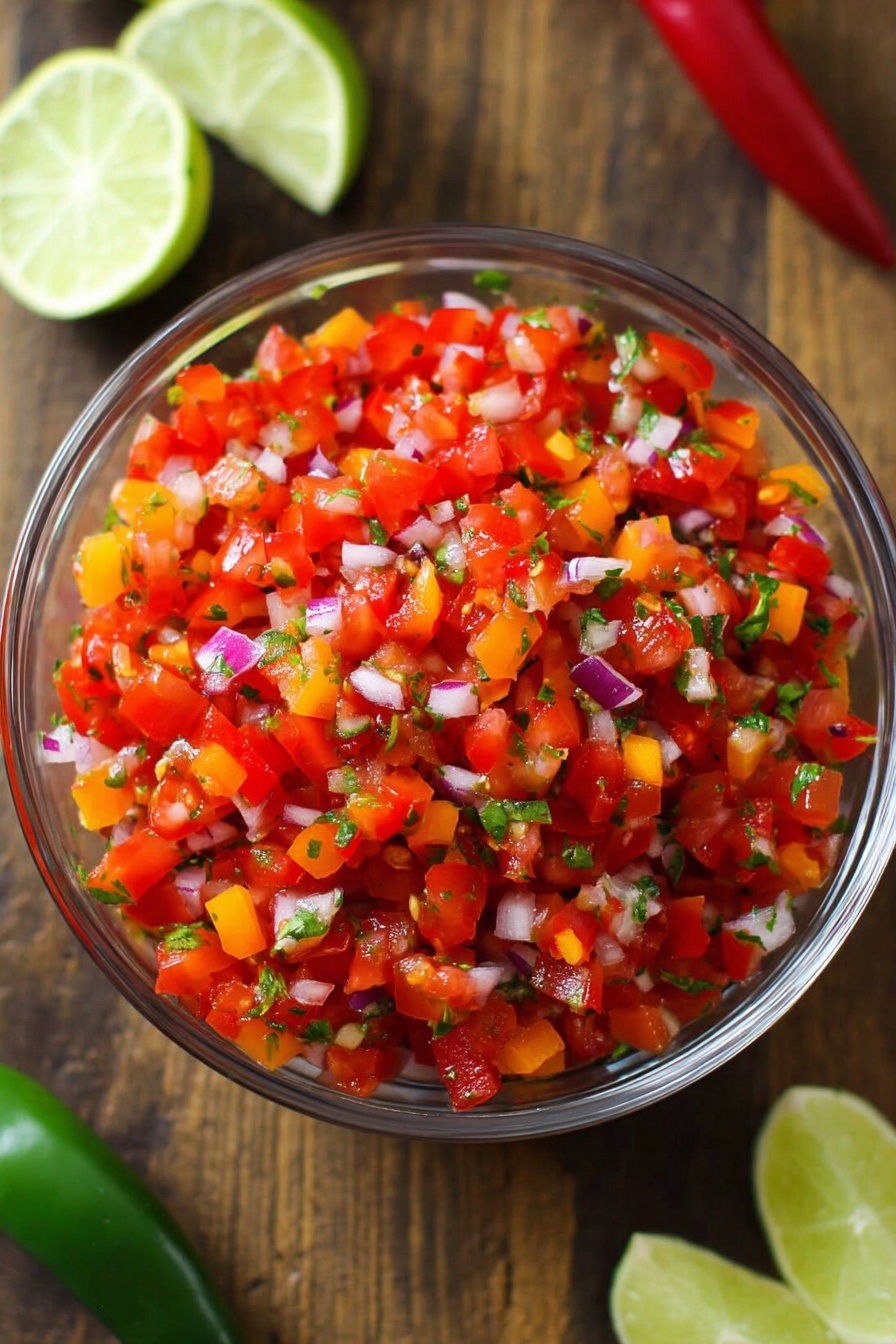 Triple Layer Guacamole Dip with Cotija and Salsa, party guacamole dip, layered guacamole recipe, Mexican party dip, easy guacamole with cotija - A clear glass bowl filled with a fresh mix of finely chopped red tomatoes, small orange bell pepper pieces, tiny bits of purple onion, and small green herb leaves, all evenly mixed together. The bowl sits on a wooden surface with lime wedges and a green chili pepper placed around it. The colors are bright and vibrant, showing a fresh and colorful salsa. photo taken with an iphone --ar 2:3 --v 7