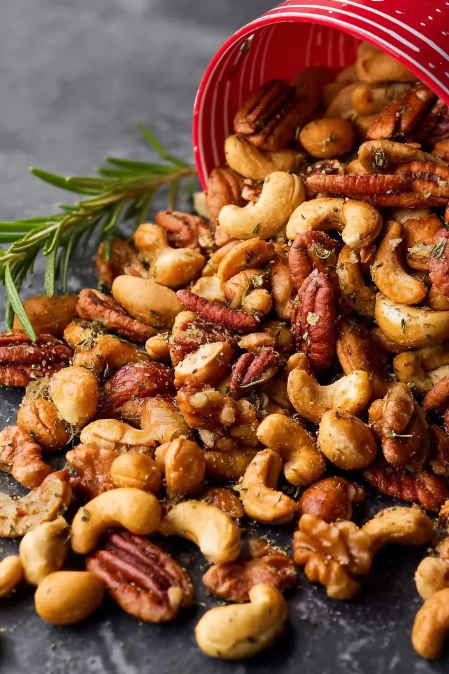 Spiced Roasted Nuts, spiced roasted nuts recipe, flavorful nut snack, homemade spiced nuts, roasted nuts with spices - A close-up image shows a mix of nuts spilling out from a red-striped container onto a dark surface. The nuts include cashews, pecans, walnuts, and peanuts, all roasted to a golden-brown color and lightly seasoned with small bits of herbs and spices, creating a textured and crunchy look. A sprig of fresh rosemary rests near the nuts, adding a touch of green to the warm palette. The white marbled texture background highlights the rich colors of the nuts and container, giving the scene a fresh, natural feel. photo taken with an iphone --ar 2:3 --v 7