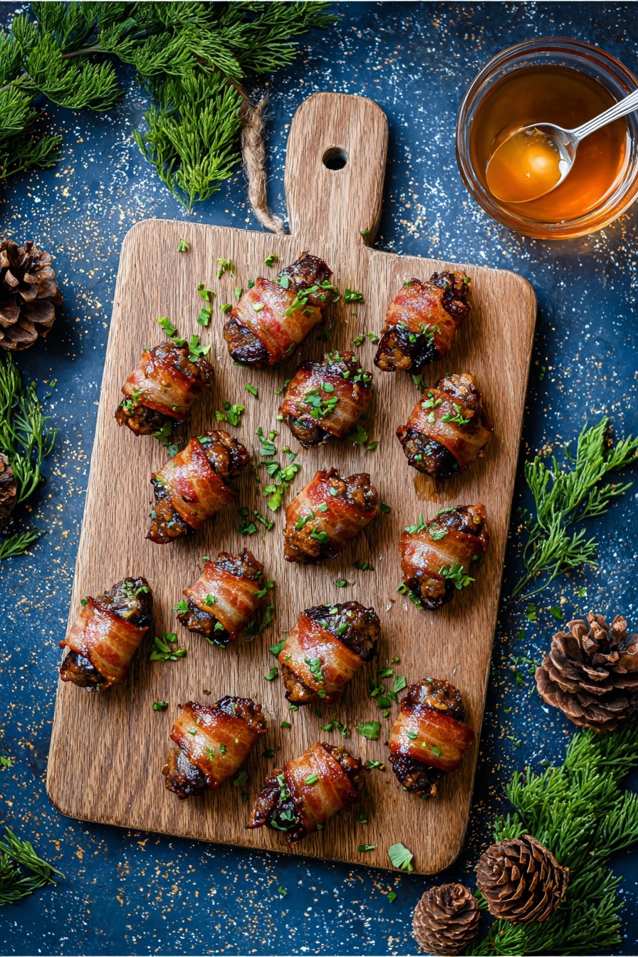 Bacon-Wrapped Dates with Goat Cheese, Bacon-Wrapped Dates appetizer, easy party appetizers, savory date bites, gourmet snack ideas - The image shows a wooden board with seven small food pieces neatly arranged on it. Each piece has three visible layers: a dark brown, wrinkled date at the base, wrapped by a shiny, crisp, golden-brown bacon strip, and topped with small green herb leaves. The bacon looks slightly glazed with a glossy texture and the herbs add a fresh pop of color. The wooden board has a natural grain pattern with soft light highlighting the juicy textures. The background is a white marbled texture. photo taken with an iphone --ar 2:3 --v 7