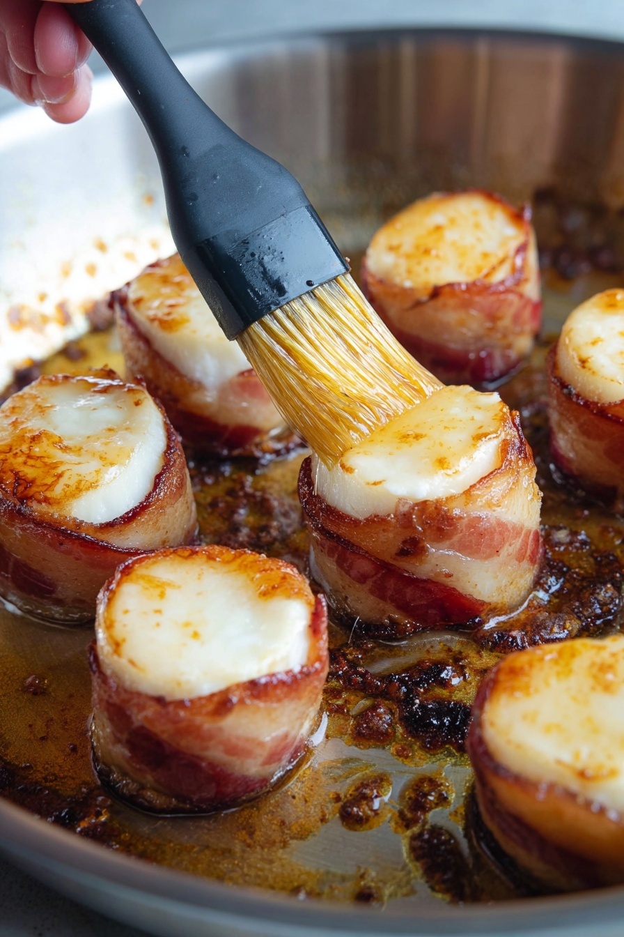 Bacon-Wrapped Scallops with Garlic Butter, bacon-wrapped scallops appetizer, seafood appetizers, easy seafood recipes, elegant seafood dishes - The image shows several round pieces of food in a metal pan; each piece has two layers, a light golden-brown top layer with a soft texture that looks like melted cheese or a similar item, and a bottom layer wrapped in crispy bacon with visible toothpicks holding the layers together. A woman's hand holds a black brush with transparent yellow bristles, spreading a shiny glaze over one of the food pieces, giving it a glossy finish. The pan has some brown crispy spots and oil around the food, indicating cooking in progress. photo taken with an iphone --ar 2:3 --v 7
