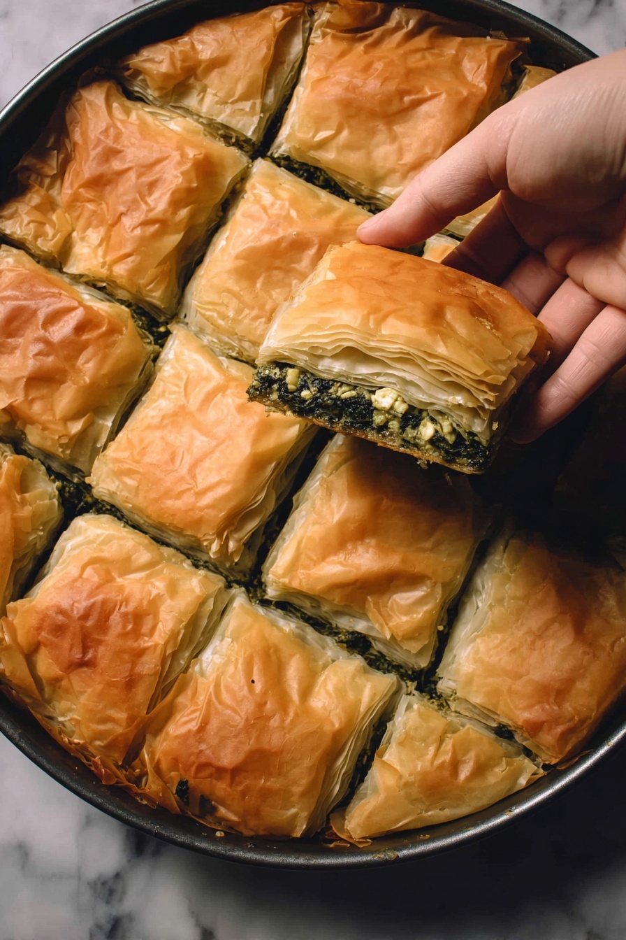 Creamy Spinach and Feta Spanakopita with Homemade Phyllo, Greek spanakopita, homemade phyllo pastry, spinach and feta pie, Greek savory pastry - The image shows a round baking pan with a pastry cut into nine square pieces. The top layer is golden brown, flaky, and slightly wrinkled. Inside, there are several visible thin layers with a green leafy filling. A woman's hand is holding one piece above the pan, showing the layered texture clearly. The dark green filling contrasts with the light golden pastry layers. All is placed on a surface with a white marbled texture. photo taken with an iphone --ar 2:3 --v 7