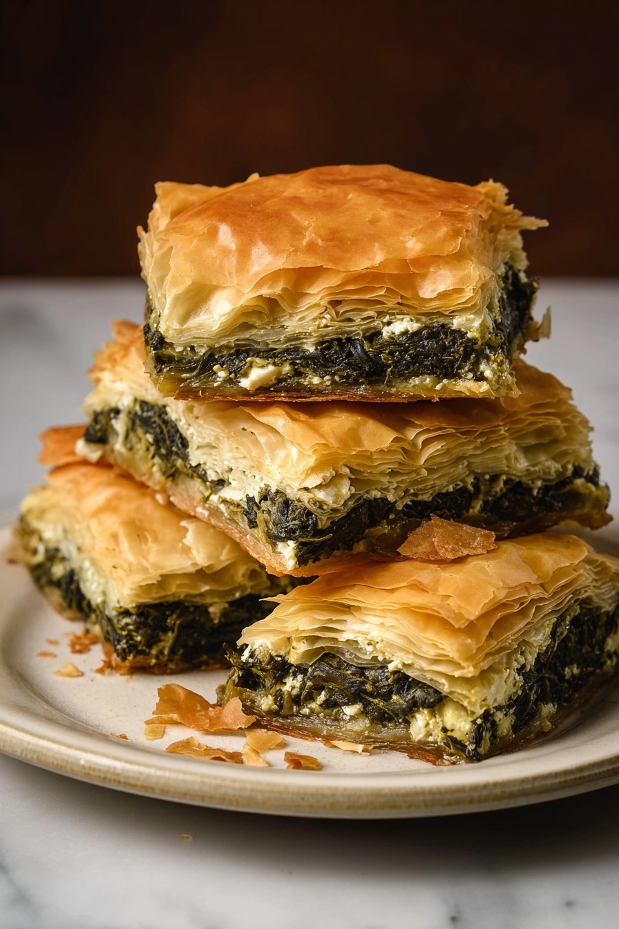 Creamy Spinach and Feta Spanakopita with Homemade Phyllo, Greek spanakopita, homemade phyllo pastry, spinach and feta pie, Greek savory pastry - A close-up of a slice of pie held by a woman's hand, showing multiple thin layers of golden, flaky crust on the top and bottom. Between the crust layers is a filling that has a mix of light green, dark green, and creamy yellow colors with a slightly coarse texture. The background shows more pie slices placed on a white plate with a white marbled surface beneath. photo taken with an iphone --ar 2:3 --v 7