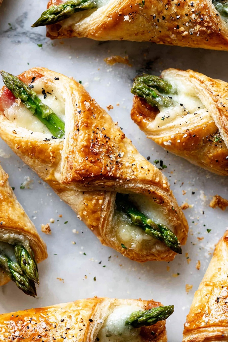 Asparagus Puff Pastry Bundles, easy asparagus appetizer, flaky puff pastry recipes, prosciutto and asparagus bites, elegant appetizer ideas - The image shows several baked pastries with golden-brown, flaky layered crusts, each wrapped around white melted cheese and green asparagus spears visible at the open ends. The pastries have a slight shine, sprinkled with coarse salt and black pepper on top, and are placed on a white marbled surface with some scattered crumbs and seasoning bits around. The layers of the puff pastry are crisp and well-defined, with the asparagus tips standing out sharply against the creamy cheese inside. photo taken with an iphone --ar 2:3 --v 7