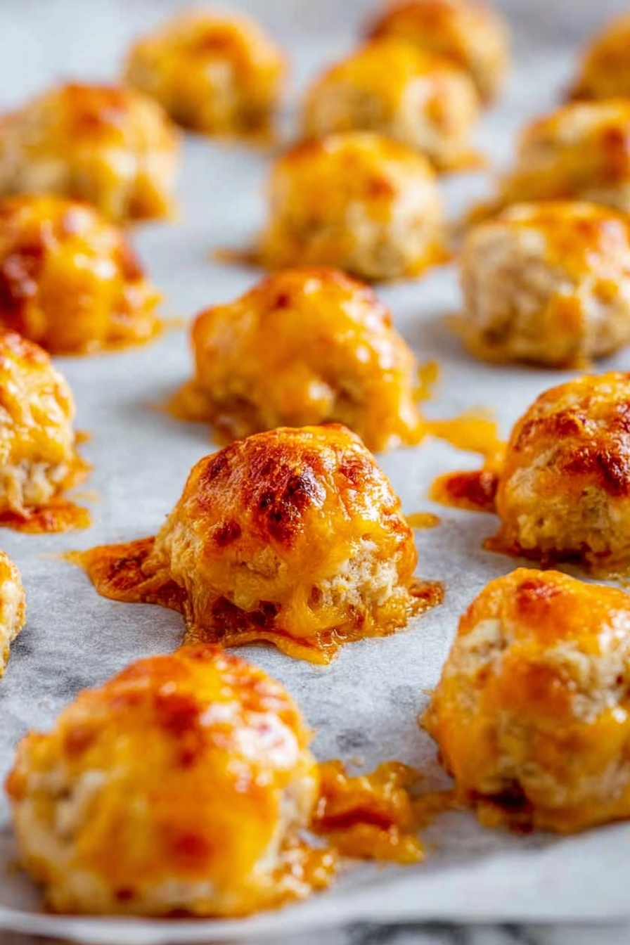 Cream Cheese Sausage Balls, sausage cheese bites, savory appetizer ideas, cheesy sausage snacks, easy party appetizers - The image shows many small round cheese balls baked on white parchment paper placed on a white marbled surface. Each ball has a rough, lumpy texture with golden orange melted cheese oozing on top and slightly browned edges where the cheese has crisped, creating a shiny, rich look. The cheese has spread a bit around the base, making crispy orange patches on the paper. The lighting highlights the shiny and slightly crunchy texture of the melted cheese, with some cheese balls in soft focus in the background, all arranged in rows. photo taken with an iphone --ar 2:3 --v 7
