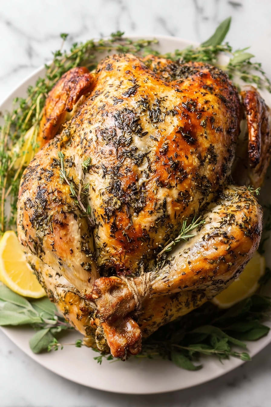 Herb Butter Roasted Turkey, roasted turkey with herb butter, juicy herb turkey recipe, flavorful turkey roast, perfect holiday turkey - A fully roasted whole bird with a golden brown and slightly shiny skin covered in a mix of black and green dried herbs, placed in the center of a white plate. The bird's legs are tied close to the body, and the wings are tucked underneath. Surrounding the bird, there are fresh green herb sprigs and slices of lemon peeking out under the edges. The plate sits on a white marbled surface. photo taken with an iphone --ar 2:3 --v 7