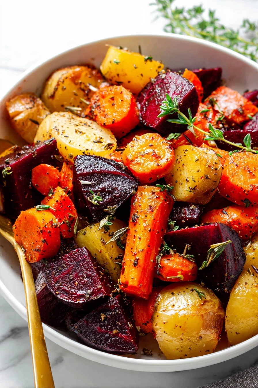 Perfect Roast Root Vegetables, roasted root vegetables, healthy vegetable side dish, caramelized root vegetables, easy roasted vegetable recipe - A white bowl filled with roasted vegetables showing about three layers mixed together: deep red beet pieces with a shiny surface, orange carrot rounds with a slightly caramelized look, and light yellow potato chunks with brown edges. They are all coated lightly with herbs and black pepper sprinkled on top. Small green sprigs of thyme are scattered over the vegetables, adding fresh green highlights. A gold spoon is placed inside the bowl on the left side. The background is a white marbled surface. photo taken with an iphone --ar 2:3 --v 7