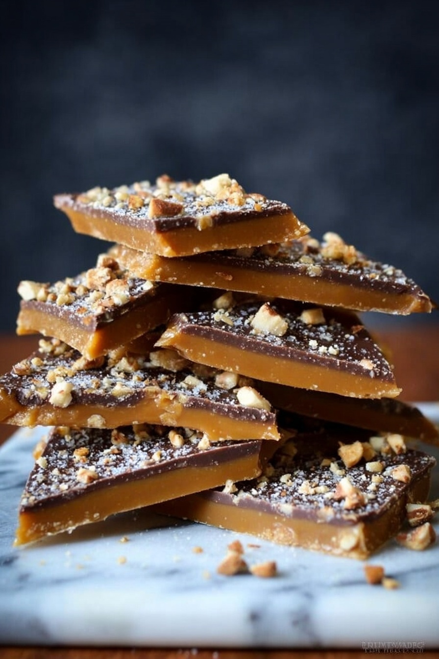 English Toffee with Chocolate and Nuts, Easy Toffee Recipe, Homemade Toffee, Crunchy Toffee Treats, Chocolate Nut Toffee - The image shows a stack of caramel toffee pieces on a white marbled surface. Each piece has three layers: a bottom smooth and light brown toffee layer, a thin middle dark chocolate layer, and a top layer sprinkled with small chopped nuts and a dusting of white flakes. The pieces are irregularly cut into triangles and stacked unevenly to form a small pile against a dark blurry background. The surface texture of the toffee layer looks smooth and firm, while the chocolate layer is solid and glossy. photo taken with an iphone --ar 2:3 --v 7