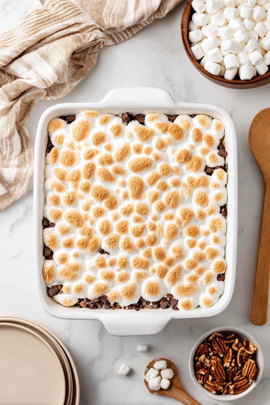 Sweet Potato Casserole with Marshmallows, holiday sweet potato casserole, creamy sweet potato side dish, marshmallow-topped casserole, festive Thanksgiving side - A white baking dish holds a square dessert with one layer of golden toasted marshmallows on top that are puffed and slightly browned in spots, forming a textured, uneven surface. Beneath the marshmallows, dark chocolate chunks peek through along the edges, surrounded by a gooey, melted layer. The dish rests on a white marbled surface. Nearby are a small white bowl filled with chopped pecans, a wooden spoon with a smooth texture to the right, a stack of white plates at the bottom left, and a brown bowl filled with small white marshmallows in the top right corner. A striped beige cloth is draped across the top left corner. Photo taken with an iphone --ar 2:3 --v 7