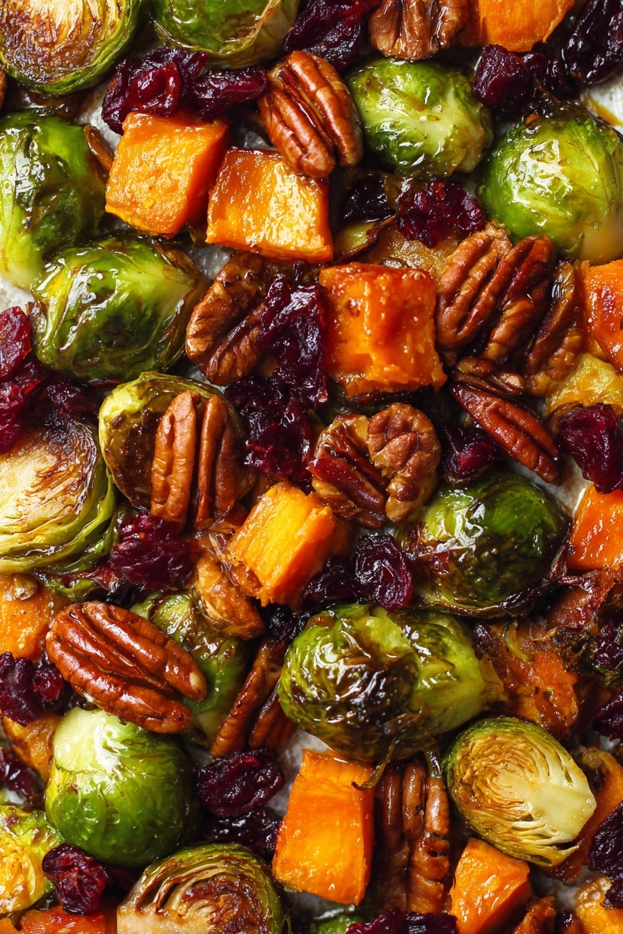 Winter Vegetable Salad with Roasted Butternut Squash, healthy winter salad recipes, roasted vegetable salad, seasonal winter salads, easy winter vegetable dishes - The image shows a close-up view of a mixed roasted vegetable and nut dish. The base layer consists of green Brussels sprouts with slightly charred, browned outer leaves giving a crispy texture. Scattered among them are chunks of bright orange roasted sweet potatoes, slightly caramelized. Deep red dried cranberries add a sweet contrast, along with golden brown pecans that provide a crunch. The ingredients are glossy, likely coated with oil or glaze, creating a shiny, appetizing surface. The whole mix sits on a white marbled textured surface. photo taken with an iphone --ar 2:3 --v 7