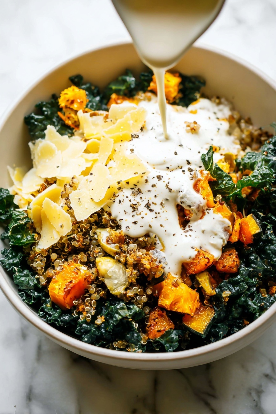 Autumn Caesar Salad with Roasted Delicata Squash, seasonal fall salads, roasted delicata squash recipes, healthy autumn salads, cozy fall salad ideas - A bowl filled with a salad that has three main layers visible: the bottom layer is dark green curly kale leaves, the middle layer consists of golden-orange roasted squash cubes with a slightly rough texture, and the top layer includes off-white thin slices of cheese scattered around. There are also light beige pine nuts sprinkled on top along with some small bits of toasted breadcrumbs, and thin slices of red onion mixed in. Two gold forks are placed in the bowl, partially submerged in the salad. The bowl is white and sits on a white marbled surface. Photo taken with an iphone --ar 2:3 --v 7