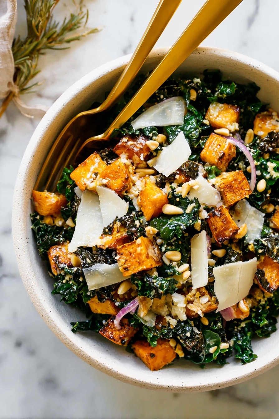 Autumn Caesar Salad with Roasted Delicata Squash, seasonal fall salads, roasted delicata squash recipes, healthy autumn salads, cozy fall salad ideas - The image shows a bowl with four layers. The bottom layer is dark green curly kale leaves, filling the bowl. On top of the kale is a layer of roasted orange and green squash chunks mixed with small brown crispy crumbs. Over that, there are scattered light yellow thin shavings of cheese sprinkled with black pepper. Finally, creamy white sauce is being poured over the top, drizzling down the squash, cheese, and kale. The bowl is white and set on a white marbled surface. The photo taken with an iphone --ar 2:3 --v 7