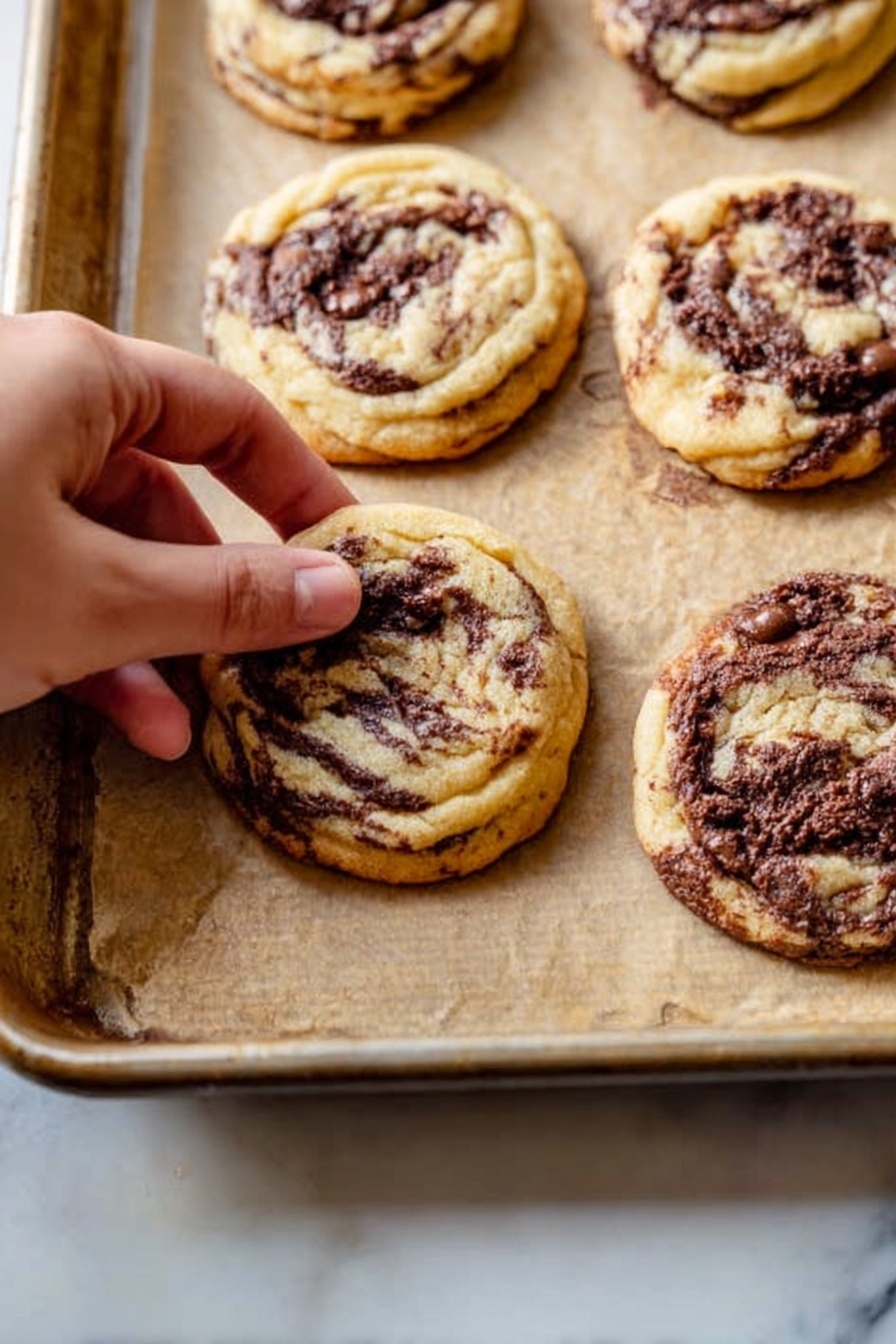 Cinnamon Cookie Bites, Cinnamon Cookie Bites with Sweet Filling, cinnamon-filled cookies, chewy cinnamon cookies, easy cinnamon cookie recipe - A close-up view shows a woman's hand picking up one soft cookie from a baking sheet lined with parchment paper. The cookies are light golden brown with swirls of dark chocolate spread unevenly on the top, giving a marbled look. The baking sheet is placed on a white marbled surface. The cookies are round and slightly puffed, with a soft texture visible from the slight cracks and folds on the surface. There are about seven cookies on the sheet, spaced apart evenly. Photo taken with an iphone --ar 2:3 --v 7