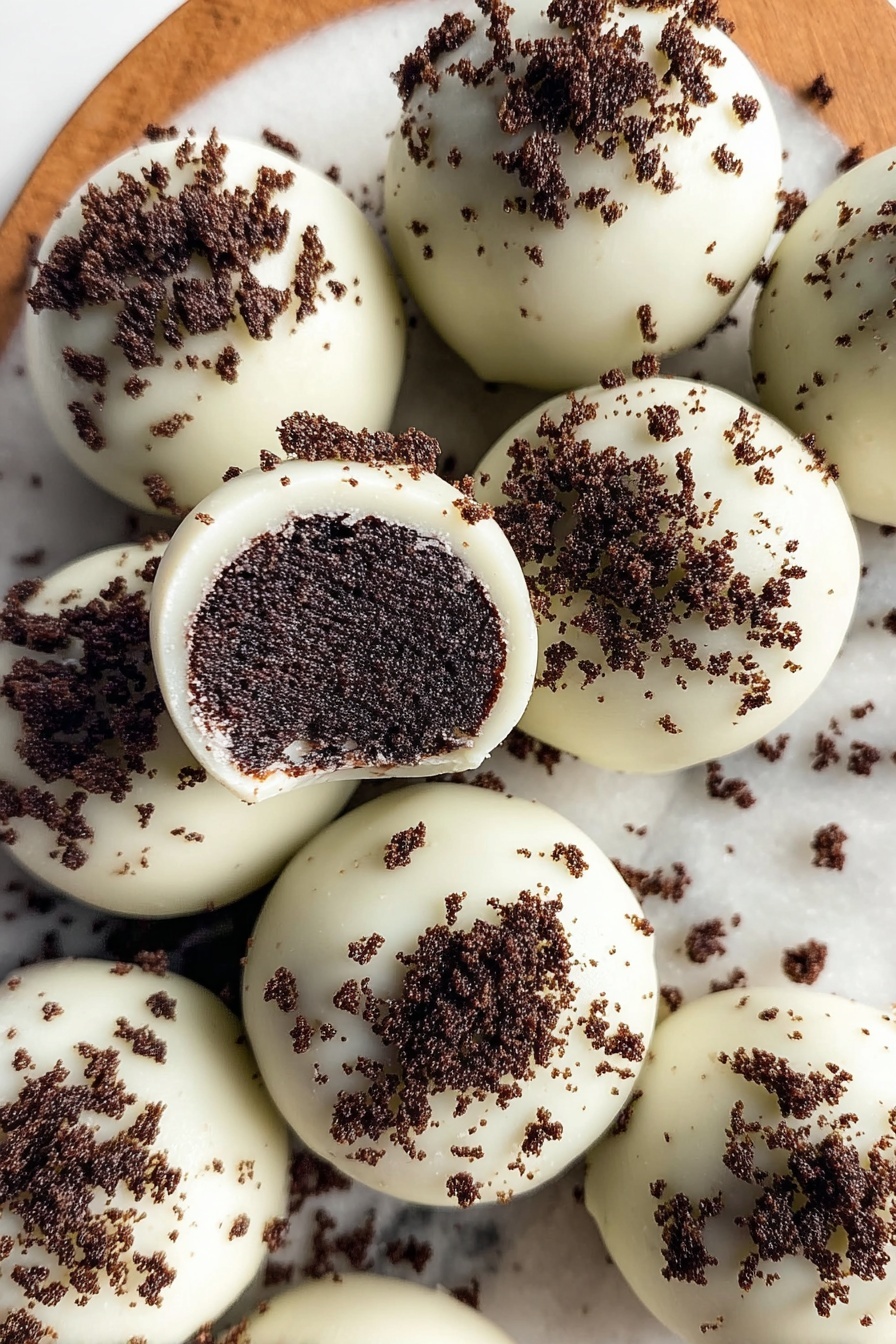 Easy Oreo Truffles, Oreo Truffles Recipe, no-bake Oreo desserts, chocolate truffles with Oreos, quick Oreo treats - The image shows a close-up of several small round treats stacked together on a white marbled surface, each topped with a layer of smooth white coating. The tops of the treats are sprinkled with dark brown crumbled bits that create a rough texture against the smooth coating. The treats appear shiny and smooth with a consistent round shape, all crowded closely, filling most of the frame. photo taken with an iphone --ar 2:3 --v 7