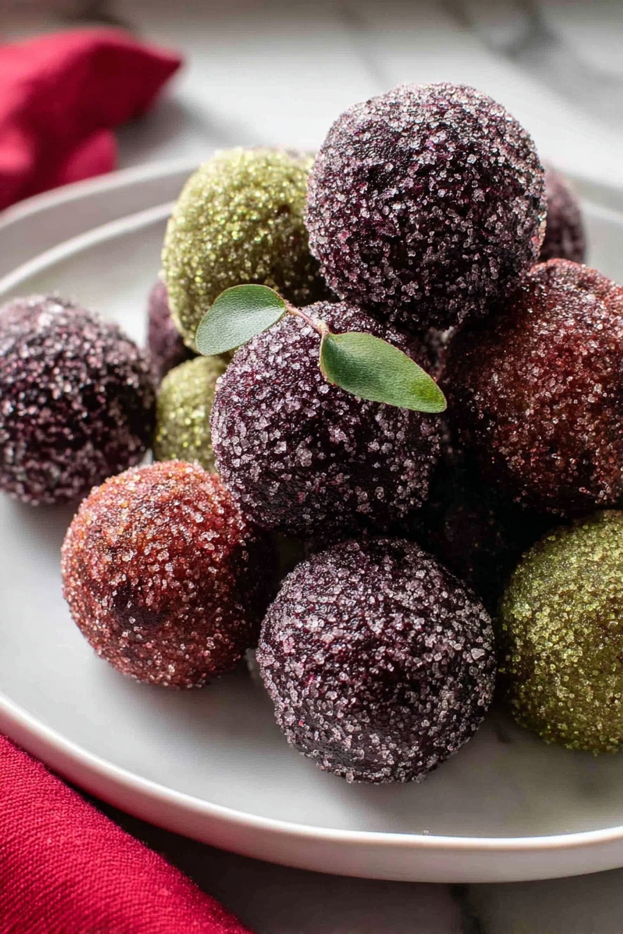 Festive Sugar Plum Balls, holiday fruit treats, no-bake holiday desserts, Christmas sweet snacks, simple holiday party sweets - The image shows a white plate with a pile of round, sugar-coated balls that have a rough texture from the sugar crystals. There are about ten balls in the pile, with colors mostly in dark purple, reddish-brown, and a couple in a greenish shade. One of the dark purple balls near the center has a small green leaf on its side. The plate sits on a white marbled surface with a red cloth partially visible at the bottom left corner. The photo zooms in closely to highlight the sugar crystals and texture of the balls. photo taken with an iphone --ar 2:3 --v 7
