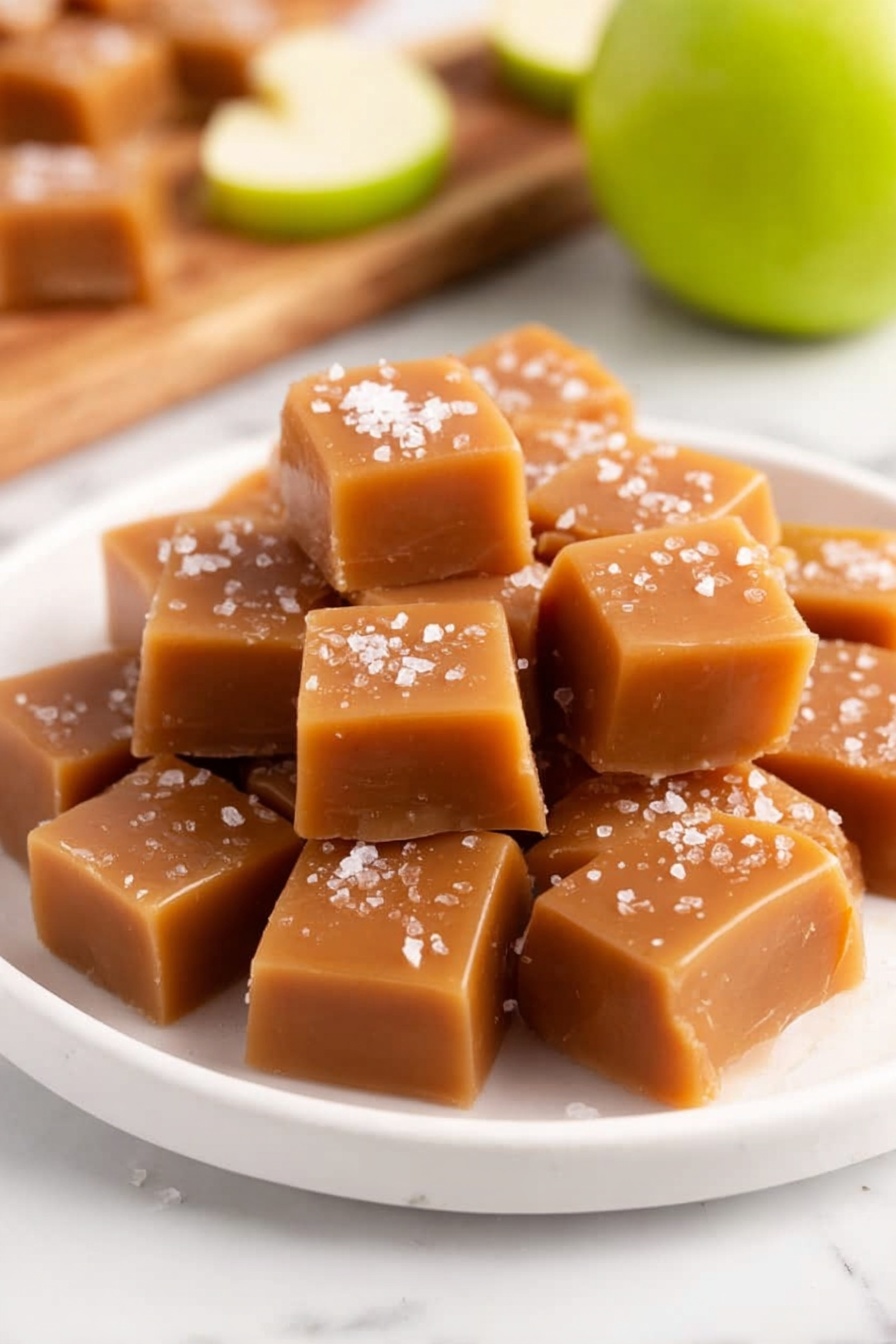 Apple Cider Caramels, fall caramel recipes, homemade apple cider candies, cozy caramel treats, festive apple dessert - The image shows a pile of soft caramel squares stacked in a small white dish, each piece smooth and shiny with a light brown color. The tops of the caramel pieces are sprinkled with coarse white sea salt crystals, adding a rough texture that contrasts with the smooth caramel. The background features a white marbled surface that brightens the scene. Photo taken with an iphone --ar 2:3 --v 7