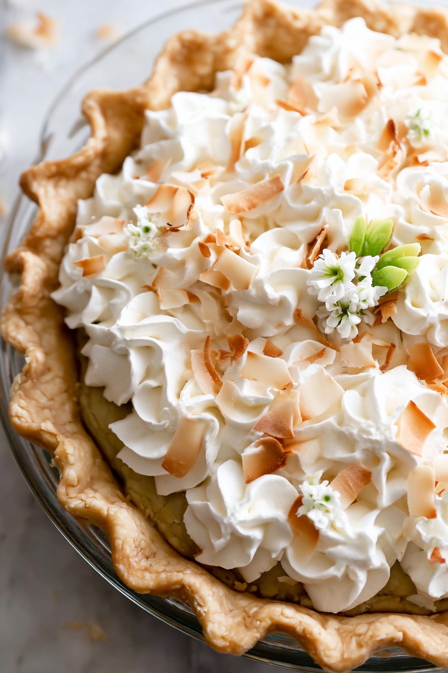 Homemade Coconut Cream Pie, coconut cream pie, tropical dessert, easy coconut pie, homemade pie recipe - This image shows a close-up of a pie in a clear glass dish with a golden brown crust that has a slightly crimped edge. The top layer of the pie is covered with white whipped cream swirls arranged closely together, sprinkled with large toasted coconut flakes that are light brown around the edges. There is a small cluster of tiny white flowers with green leaves placed near the crust as decoration. The dish is set on a white marbled surface. photo taken with an iphone --ar 2:3 --v 7