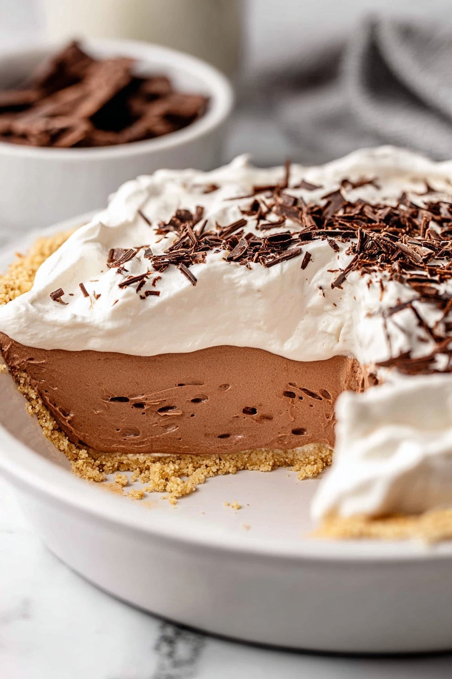 French Silk Chocolate Pie, decadent chocolate pie, easy chocolate dessert, silky chocolate pie, homemade chocolate pie - A close-up view of a large, three-layer pie in a white ceramic dish on a white marbled surface. The bottom layer is a thick, crumbly light beige crust with a slightly uneven edge. Above it is a smooth, dense, milk chocolate brown mousse layer that takes up most of the pie's height. On top is a thick, fluffy white cream layer, spread unevenly with soft peaks and topped with small, thin dark chocolate curls scattered all over. In the background, a white bowl contains more chocolate curls, slightly out of focus. Photo taken with an iphone --ar 2:3 --v 7