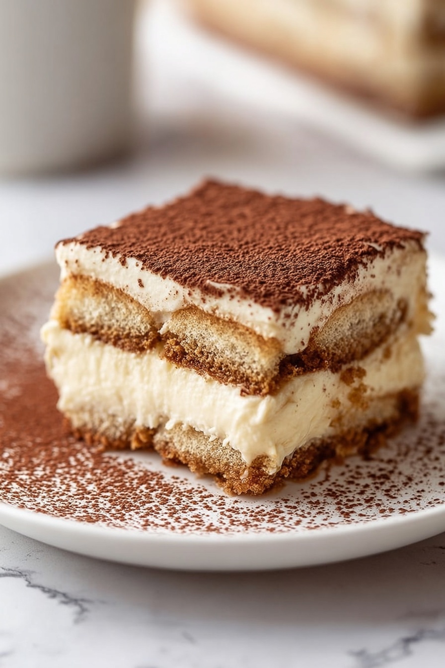 Easy Classic Tiramisu, Tiramisu dessert, homemade tiramisu, Italian tiramisu, no-bake tiramisu - A close-up of a square piece of dessert with three distinct layers on a white plate with a white marbled background. The bottom layer is light brown soaked biscuit, the middle layer is creamy light yellow mascarpone cheese mixed with coffee-soaked biscuit, and the top layer is a smooth, creamy light yellow mascarpone cheese dusted heavily with fine dark brown cocoa powder that slightly spills onto the plate. photo taken with an iphone --ar 2:3 --v 7