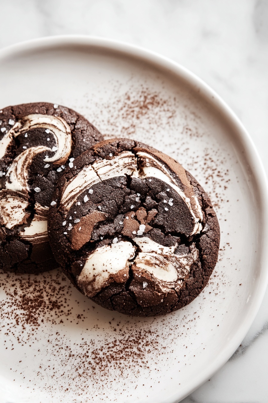 Chocolate Marshmallow Swirl Cookies, chocolate marshmallow cookies, gooey chocolate cookies, marshmallow swirl cookies, easy chocolate cookie recipe - Two dark brown cookies with white swirls spread on top are placed on a white plate. Each cookie has cracks on its surface and some shiny salt flakes sprinkled over the top. The plate also has a dusting of dark brown powder around the edges. The background is a white marbled texture. photo taken with an iphone --ar 2:3 --v 7