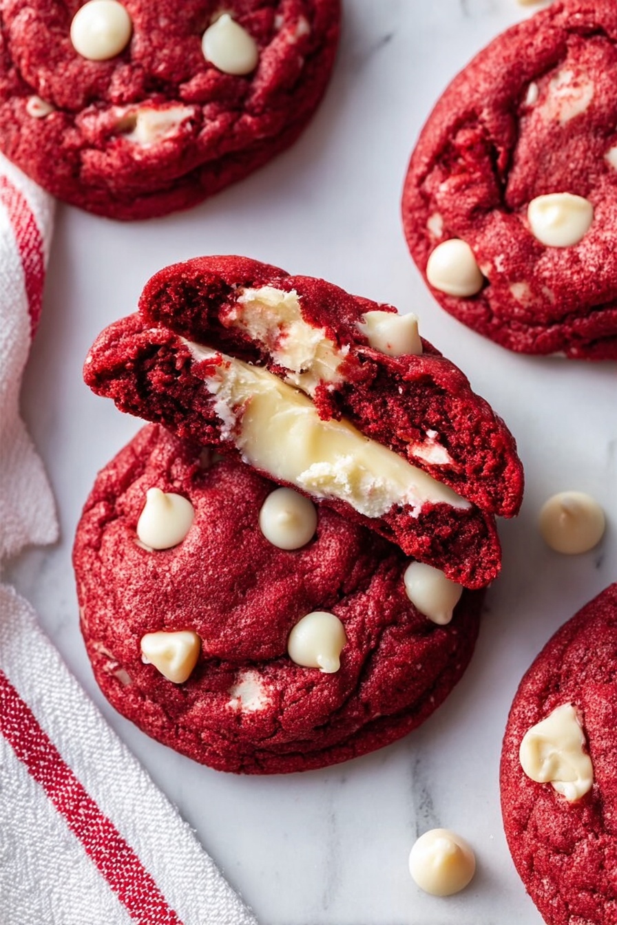 Cheesecake Stuffed Red Velvet Cookies, red velvet cheesecake cookies, cheesecake filled red velvet cookies, best red velvet cookies with cheesecake, easy cheesecake stuffed cookies - Three thick, round red velvet cookies with white chocolate chips are placed on a white marbled surface. Each cookie has a rich red color with a soft, slightly bumpy texture and scattered white chips embedded on top. The cookies form a loose triangle shape, with a red and white striped ribbon loosely resting around them, adding a festive touch. At the top left corner, part of a white plate with a textured edge is visible, and at the top right, several gold and white measuring spoons are placed. The lighting highlights the vibrant red of the cookies and the smooth white marbled background photo taken with an iphone --ar 2:3 --v 7