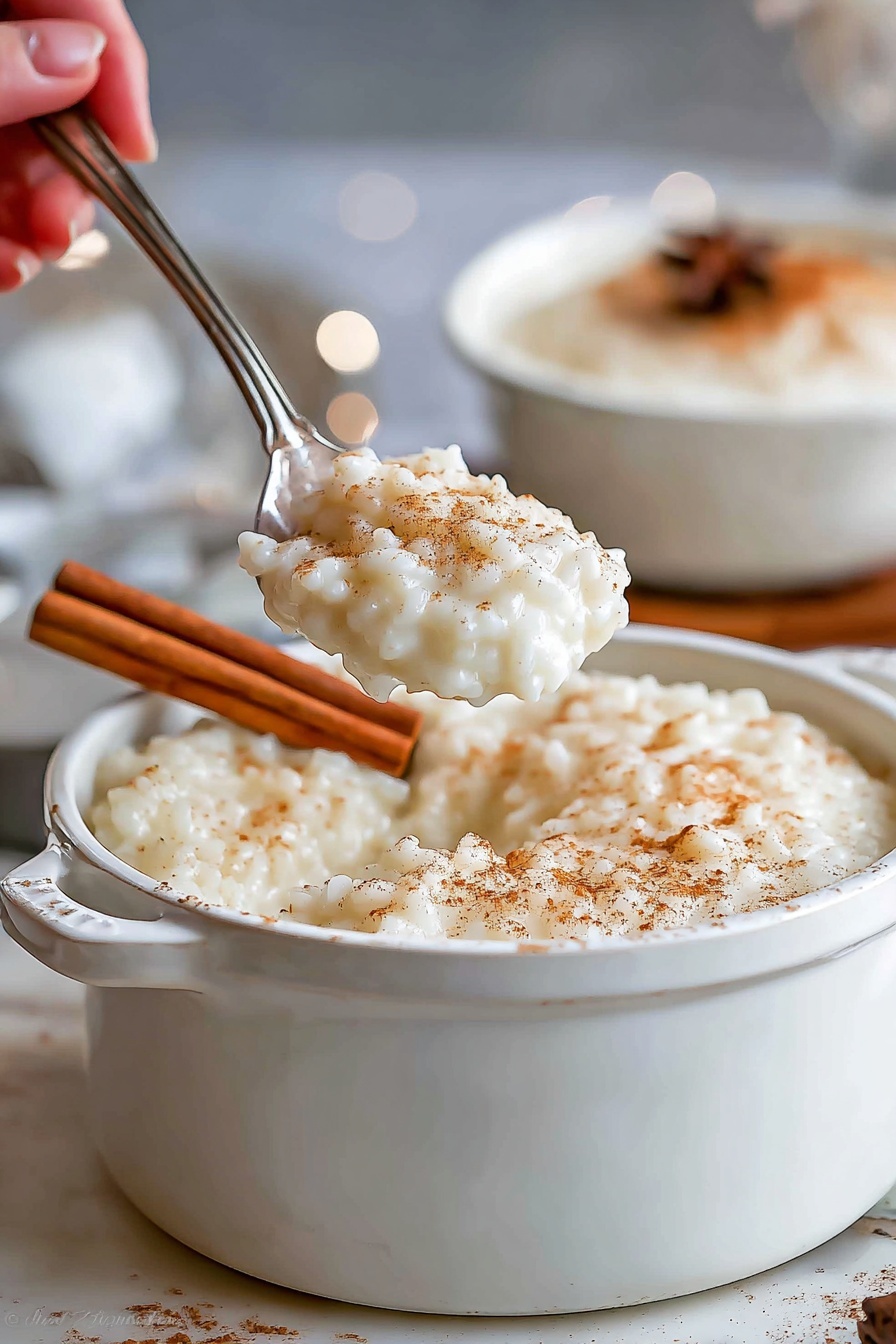 Creamy Cinnamon Rice Pudding, cinnamon rice pudding, homemade rice pudding, easy rice pudding, comforting dessert - Two white small pots filled with creamy rice pudding are placed on a wooden board on a white marbled surface. Each pot is filled with a thick layer of white, slightly textured rice pudding, topped with a sprinkle of light brown cinnamon powder. A whole cinnamon stick rests on top of the pudding in the front pot. Next to the pots are two shiny silver spoons with slender handles. In the background, some cinnamon sticks are scattered. The photo taken with an iphone --ar 2:3 --v 7
