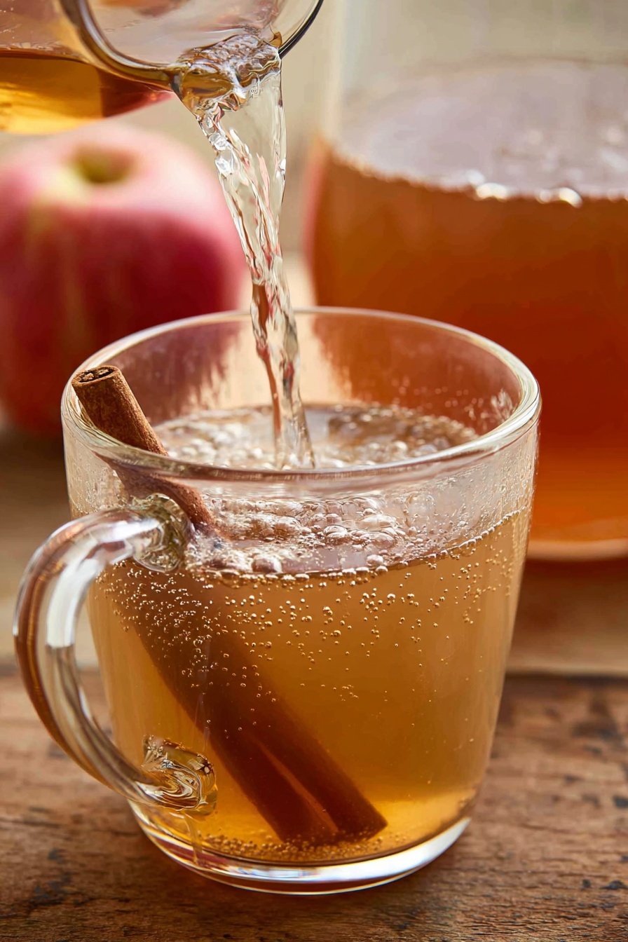 Homemade Apple Cider, fall-inspired drinks, apple cider recipe, homemade apple beverage, cozy fall drinks - A clear glass cup with a handle is shown being filled with a light brown liquid that has a cinnamon stick inside. The liquid is pouring from above, creating bubbles and motion near the bottom of the cup. Behind the cup, there is a glass container with more of the same light brown liquid. In the background, a red apple rests slightly out of focus. The setting appears on a wooden surface. Photo taken with an iphone --ar 2:3 --v 7