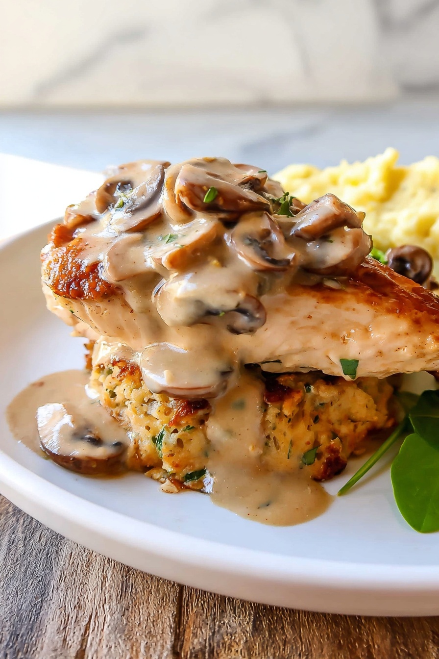 Stuffed Chicken Marsala with Mushrooms, Chicken Marsala stuffed, Creamy mushroom chicken, Elegant chicken dinner, Easy stuffed chicken breast - The dish shows a stack of two cooked chicken pieces on a white plate, placed on a wooden surface with a white marbled background. The bottom chicken layer is golden brown with a textured surface and small green herbs visible on it. The top chicken layer is topped with creamy mushroom sauce, light brown in color with sliced mushrooms scattered on it, some sauce dripping down the sides. There is an extra portion of mushroom sauce with sliced mushrooms beside the chicken stack on the plate. In the background, a small portion of light yellow mashed potatoes appears slightly blurred. A green herb leaf is partially visible near the mushroom sauce on the right side. Photo taken with an iphone --ar 2:3 --v 7