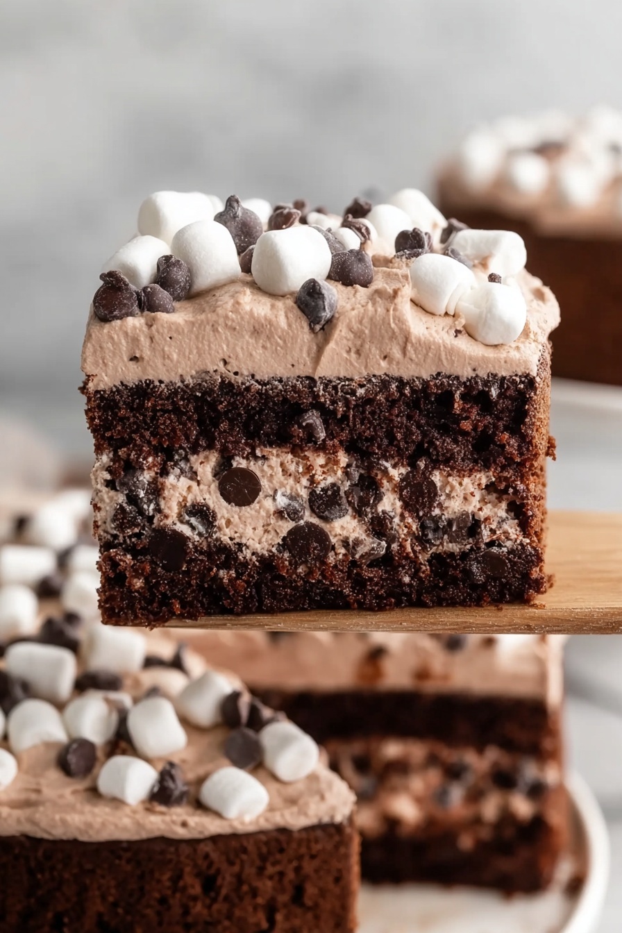 Hot Chocolate Poke Cake, chocolate poke cake, marshmallow fudge cake, hot chocolate dessert, easy chocolate cake recipe - The image shows a close-up of a thick slice of chocolate cake. The cake has two layers: the bottom dense, dark chocolate layer with visible chocolate chips inside, and on top, a smooth light brown frosting layer. The frosting is decorated with small white marshmallows and dark chocolate chips scattered around. The slice is held by a wooden spatula above the rest of the cake, which is on a white plate with a white marbled background. photo taken with an iphone --ar 2:3 --v 7