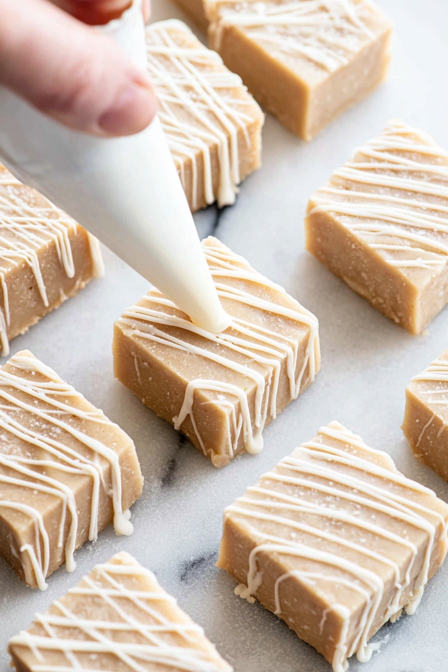 Cinnamon Roll Fudge, cinnamon roll fudge recipe, easy cinnamon fudge, creamy cinnamon fudge, holiday fudge ideas - Several small square pieces of light beige fudge with a smooth texture are placed on a white marbled surface. Each piece is being decorated with thin diagonal white icing lines that add contrast and a glossy look. A woman's hand holding a white piping bag is adding the icing in soft, even strokes, creating a neat, drizzled pattern across each fudge square. The fudge squares have slightly rounded edges and appear soft but firm. photo taken with an iphone --ar 2:3 --v 7