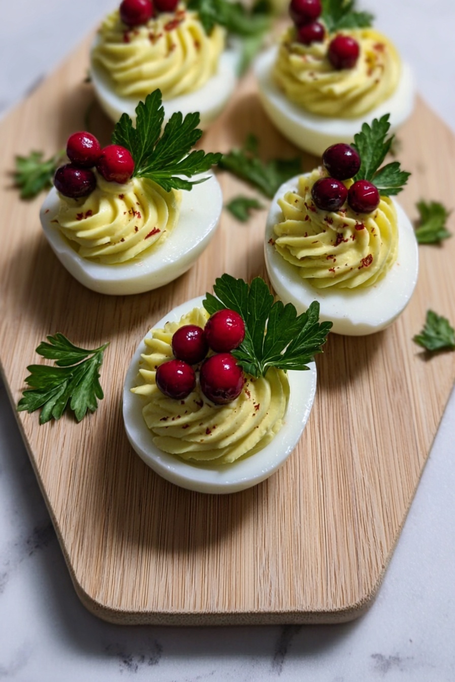 Festive Holiday Deviled Eggs, holiday appetizer ideas, Christmas party finger foods, holiday egg recipes, elegant holiday appetizers - The image shows a wooden board shaped like a Christmas tree on a white marbled surface. On the board, there are nine deviled eggs arranged in rows. Each egg has a smooth white outer layer of egg white, filled with a yellow, creamy textured yolk mixture swirled on top. On top of the yellow filling, there are small bright red pomegranate seeds and a fresh green parsley leaf beside them for decoration. To the right side, there is a glass with a dark red drink that has a plaid pattern on it, and to the left, there is a white cloth with red and green Christmas patterns. photo taken with an iphone --ar 2:3 --v 7