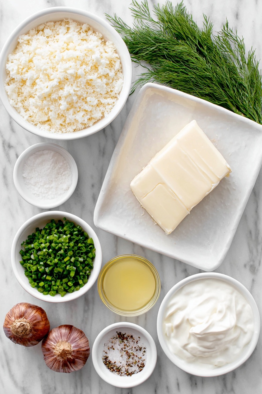 Creamy Pickle Dip with Toasted Panko, tangy pickle dip, crunchy appetizer dip, easy party dip, homemade pickle dip - Flat lay of panko bread crumbs in a small white ceramic bowl, a tablespoon of golden butter on a white plate, two whole uncracked brown garlic cloves, a small white bowl of creamy sour cream, a small white bowl of smooth cream cheese, a small white bowl of pale yellow lemon juice, a small white bowl of clear dill pickle juice, chopped bright green dill pickles on a white plate, finely minced fresh green chives and fresh dill arranged neatly on small white ceramic bowls, sprinkled coarse salt and black pepper on a white plate, all placed on a clean white marble surface, soft natural light, photo taken with an iPhone, professional food photography style, fresh ingredients, white ceramic bowls, no bottles, no duplicates, no utensils, no packaging --ar 2:3 --v 7 --p m7354615311229779997