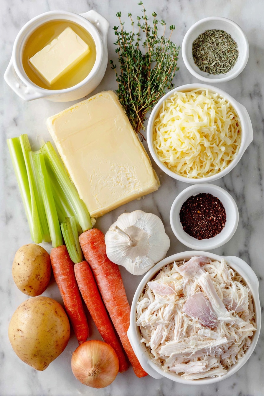 Creamy Chicken Noodle Soup, comfort food recipes, easy chicken soup, hearty noodle soup, homemade chicken noodle soup - Flat lay of unsalted butter in a small white ceramic bowl, half of a large yellow onion chopped, a handful of whole fresh carrots sliced, three celery stalks sliced, two whole uncracked garlic cloves, all-purpose flour in a small white ceramic bowl, fresh ground black pepper in a small white ceramic bowl, dried thyme leaves in a small white ceramic bowl, dried oregano in a small white ceramic bowl, peeled and diced medium potato, shredded cooked chicken, half-and-half in a small white ceramic bowl, uncooked wide egg noodles, placed on a clean white marble surface, soft natural light, photo taken with an iPhone, professional food photography style, fresh ingredients, white ceramic bowls, no bottles, no duplicates, no utensils, no packaging --ar 2:3 --v 7 --p m7354615311229779997