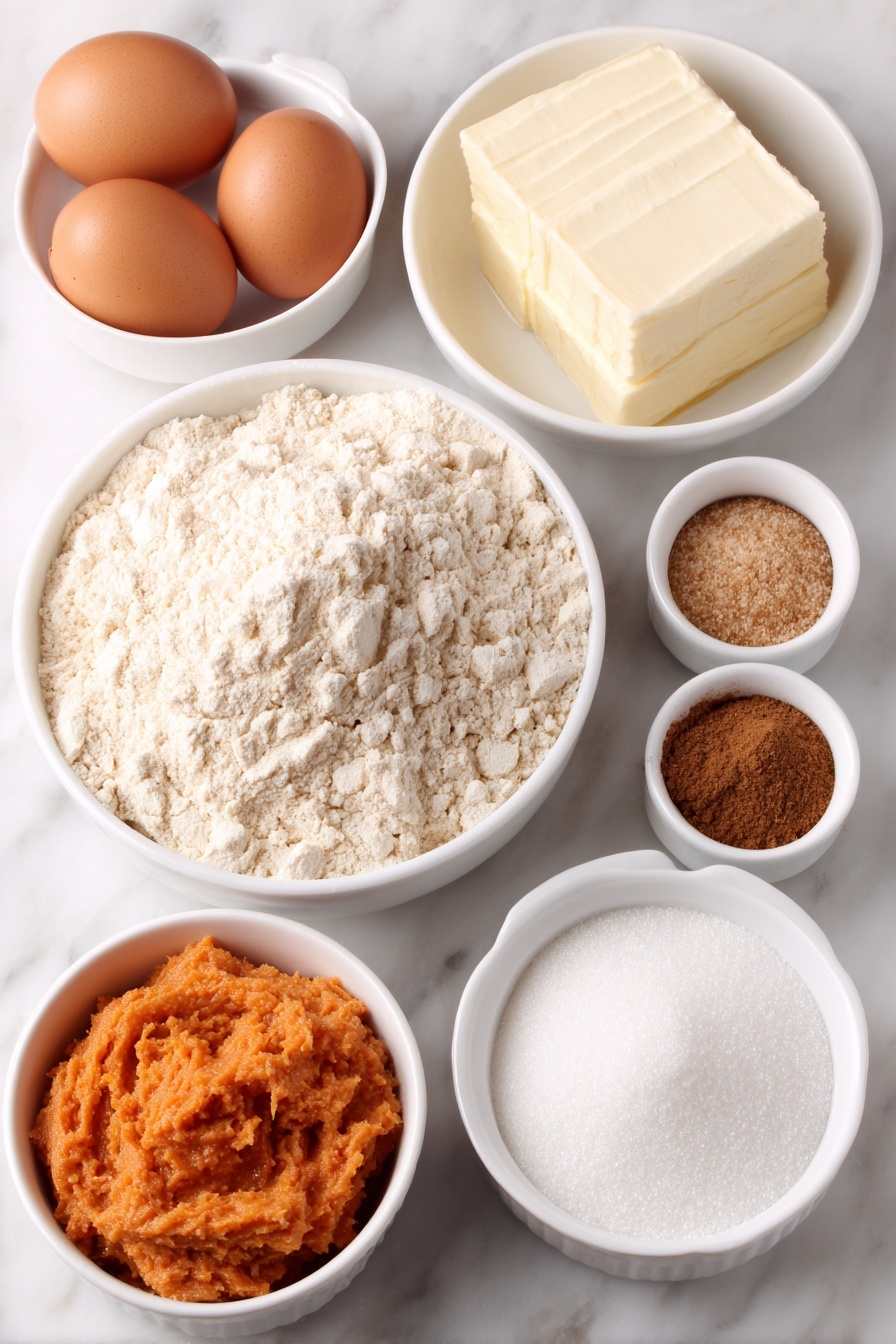 Pumpkin Cookies with Cream Cheese Frosting, pumpkin spice cookies, fall dessert recipes, soft pumpkin cookies, easy pumpkin cookie recipe - Flat lay of a small mound of all-purpose flour, a few whole brown eggs with clean shells, a small white ceramic bowl of granulated sugar, another small white bowl with light brown sugar packed gently, a few whole sticks of unsalted butter neatly arranged, a small white bowl containing bright orange pumpkin puree, a small white bowl filled with powdered sugar, a tiny white bowl with ground cinnamon, another tiny white bowl with ground nutmeg, a small white bowl with ground ginger, and a very small white bowl with ground cloves, plus a small white bowl with vanilla extract, all placed on a clean white marble surface, soft natural light, photo taken with an iPhone, professional food photography style, fresh ingredients, white ceramic bowls, no bottles, no duplicates, no utensils, no packaging --ar 2:3 --v 7 --p m7354615311229779997