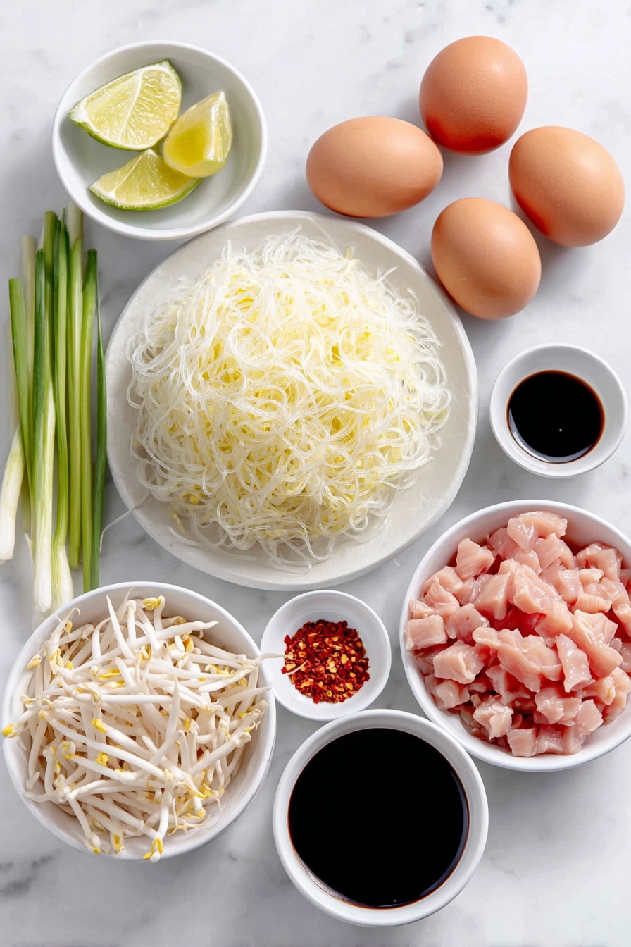 Easy Chicken Pad Thai, Chicken Pad Thai recipe, authentic Thai Chicken Pad Thai, quick Chicken Pad Thai, homemade Chicken Pad Thai - Flat lay of a small heap of thin rice noodles, fresh whole lime and lime wedges, a small pile of sliced green onions, a medium-sized peeled carrot julienned, a handful of fresh white bean sprouts, three whole brown eggs with clean shells, chopped roasted peanuts arranged neatly, a few garlic cloves unpeeled, thinly sliced raw chicken breast pieces, and four small white ceramic bowls containing tamarind paste, dark fish sauce, packed brown sugar, and clear soy sauce, a tiny white bowl with vibrant red pepper flakes, all ingredients fresh and natural on a clean white marble surface, soft natural light, photo taken with an iPhone, professional food photography style, fresh ingredients, white ceramic bowls, no bottles, no duplicates, no utensils, no packaging --ar 2:3 --v 7 --p m7354615311229779997