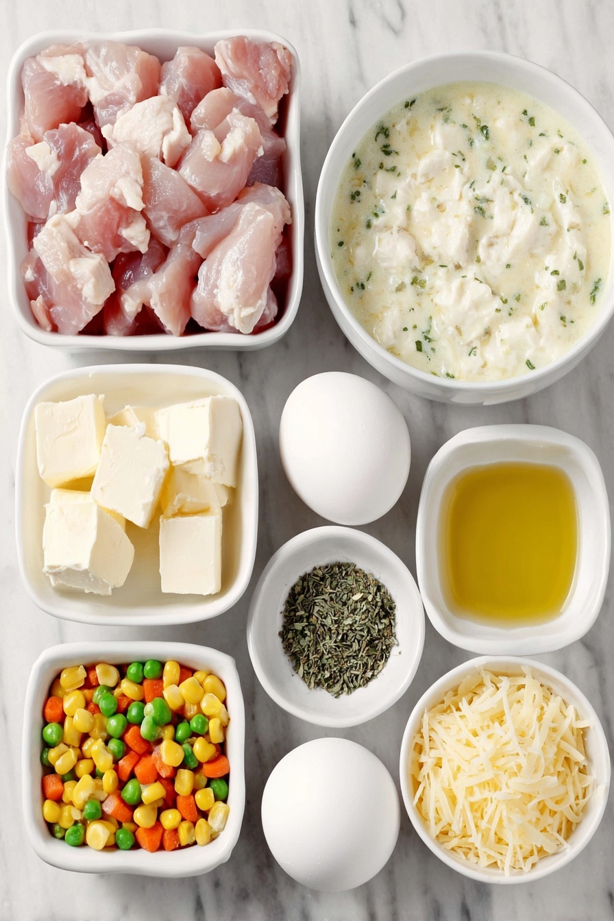 Cheddar Bay Biscuit Chicken Pot Pie, cheesy chicken pot pie with biscuits, Southern-inspired chicken pie, easy comfort food dinner, flaky biscuit chicken casserole - Flat lay of chopped raw chicken breast chunks, a small white bowl of olive oil, a small pile of frozen mixed vegetables with visible carrots, peas, and corn, two unopened cans of cream of chicken soup replaced by a small white bowl filled with creamy chicken soup with herbs, a small white bowl with a heap of poultry seasoning powder, another small white bowl containing dried thyme, a small white bowl holding dried parsley, a small mound of shredded sharp cheddar cheese, a small white bowl with cold water, a few cubes of cold butter, and two whole uncracked brown eggs, all arranged in perfect symmetry surrounding a simple white ceramic bowl with cheddar bay biscuit mix powder, placed on a clean white marble surface, soft natural light, photo taken with an iPhone, professional food photography style, fresh ingredients, white ceramic bowls, no bottles, no duplicates, no utensils, no packaging --ar 2:3 --v 7 --p m7354615311229779997