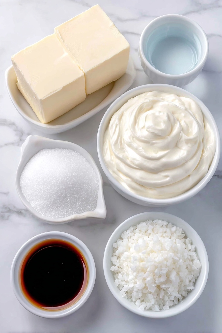 Homemade Salted Caramels, salted caramel recipe, easy homemade caramels, chewy caramel candies, salted caramel candies - Flat lay of a few small cubes of golden salted butter, a small white ceramic bowl filled with rich heavy cream, a small white ceramic bowl of clear water, a small white ceramic bowl of light golden corn syrup, a small white ceramic bowl heaped with fine granulated white sugar, and a small pile of delicate white flaked sea salt crystals, all arranged symmetrically on a clean white marble surface, soft natural light, photo taken with an iPhone, professional food photography style, fresh ingredients, white ceramic bowls, no bottles, no duplicates, no utensils, no packaging --ar 2:3 --v 7 --p m7354615311229779997