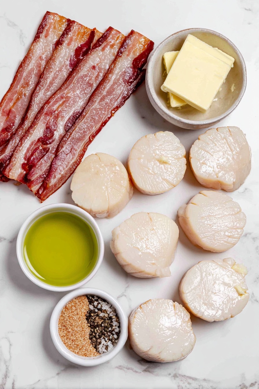 Bacon-Wrapped Scallops with Garlic Butter, bacon-wrapped scallops appetizer, seafood appetizers, easy seafood recipes, elegant seafood dishes - Flat lay of uncooked large sea scallops arranged neatly beside several raw strips of streaky bacon, a small white ceramic bowl with softened golden melted butter, a minced garlic clove resting whole next to a tiny white bowl containing light brown granulated brown sugar, a separate tiny white bowl with coarse sea salt, a pinch of freshly ground black pepper scattered delicately beside it, and another small white bowl filled with clear light green avocado oil, all spaced evenly and symmetrically, placed on a clean white marble surface, soft natural light, photo taken with an iPhone, professional food photography style, fresh ingredients, white ceramic bowls, no bottles, no duplicates, no utensils, no packaging --ar 2:3 --v 7 --p m7354615311229779997