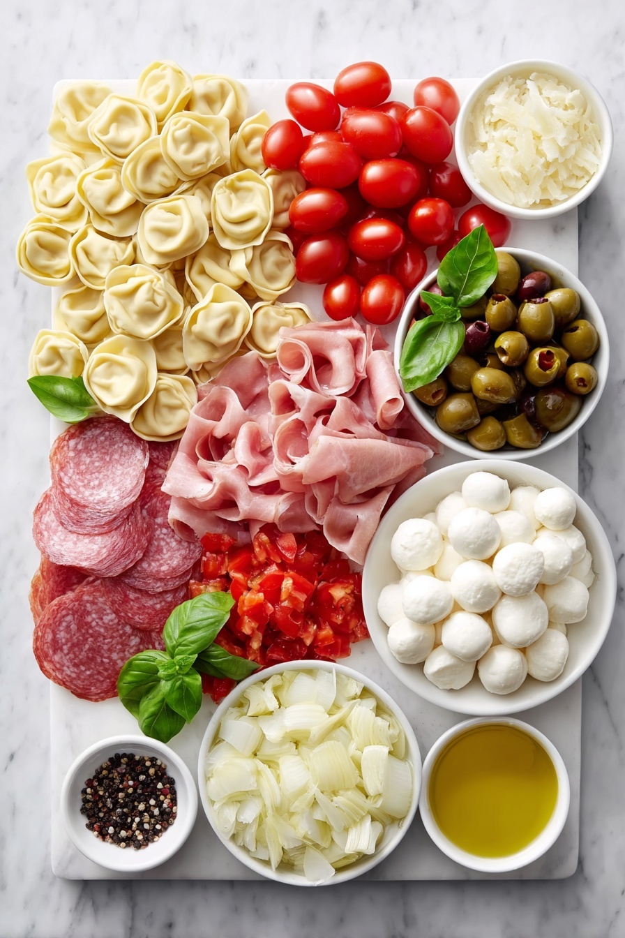 Antipasto Skewers with Tortellini and Cheese, easy antipasto appetizer, party appetizer recipes, skewered antipasto platter, savory appetizer ideas - Flat lay of fresh cheese tortellini pasta, plump cherry tomatoes, large green Castelvetrano olives, torn bright green basil leaves, thin slices of rosy Genoa salami, delicate pink prosciutto slices, small white baby mozzarella balls, sharp provolone cheese cubes, chopped bright red roasted peppers, chopped pale artichoke hearts, and small white bowls containing golden olive oil, pale yellow lemon juice, deep red wine vinegar, sticky honey, minced fresh garlic cloves, coarse salt crystals, and whole black peppercorns, all arranged in perfect symmetry on simple white ceramic bowls and plates, placed on a clean white marble surface, soft natural light, photo taken with an iPhone, professional food photography style, fresh ingredients, white ceramic bowls, no bottles, no duplicates, no utensils, no packaging --ar 2:3 --v 7 --p m7354615311229779997