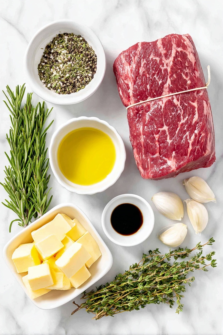 Herbed Garlic Beef Tenderloin Roast, beef tenderloin main dish, garlic herb roast, elegant beef roast recipe, juicy beef tenderloin - Flat lay of a whole center-cut beef tenderloin roast tied with kitchen twine, two teaspoons coarse kosher salt crystals scattered nearby, a small white ceramic bowl filled with freshly ground black pepper, a small white ceramic bowl containing glossy avocado oil, a small white ceramic bowl of soft golden butter, six garlic cloves with papery skins intact, a few sprigs of fresh rosemary with needle-like leaves, a few sprigs of fresh thyme with tiny green leaves, all arranged symmetrically on a clean white marble surface, soft natural light, photo taken with an iPhone, professional food photography style, fresh ingredients, white ceramic bowls, no bottles, no duplicates, no utensils, no packaging --ar 2:3 --v 7 --p m7354615311229779997