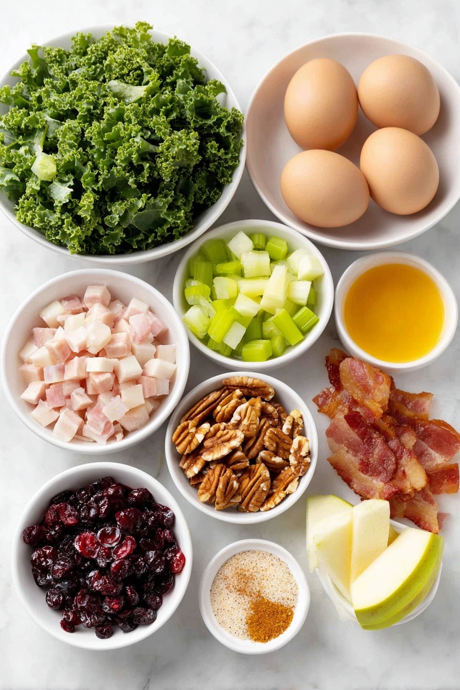 Crispy Bacon Apple Cranberry Salad, Fruit and Bacon Salad, Sweet and Savory Salad,Festive Salad with Cranberries, Easy Salad with Candied Pecans - Flat lay of crisp shredded kale leaves, a diced medium apple with pale green skin, a small pile of diced shallots, a handful of bright red dried cranberries, sliced pale green celery sticks, crumbled white feta cheese, glossy brown pecan halves, three raw whole brown eggs with clean shells, small white ceramic bowls each holding golden olive oil, amber honey, and amber apple cider vinegar, a small bowl of coarse white sugar, a small bowl of mixed pumpkin pie spice with a hint of reddish cayenne, and a few pieces of crispy diced bacon, all arranged in perfect symmetry on a clean white marble surface, soft natural light, photo taken with an iPhone, professional food photography style, fresh ingredients, white ceramic bowls, no bottles, no duplicates, no utensils, no packaging --ar 2:3 --v 7 --p m7354615311229779997